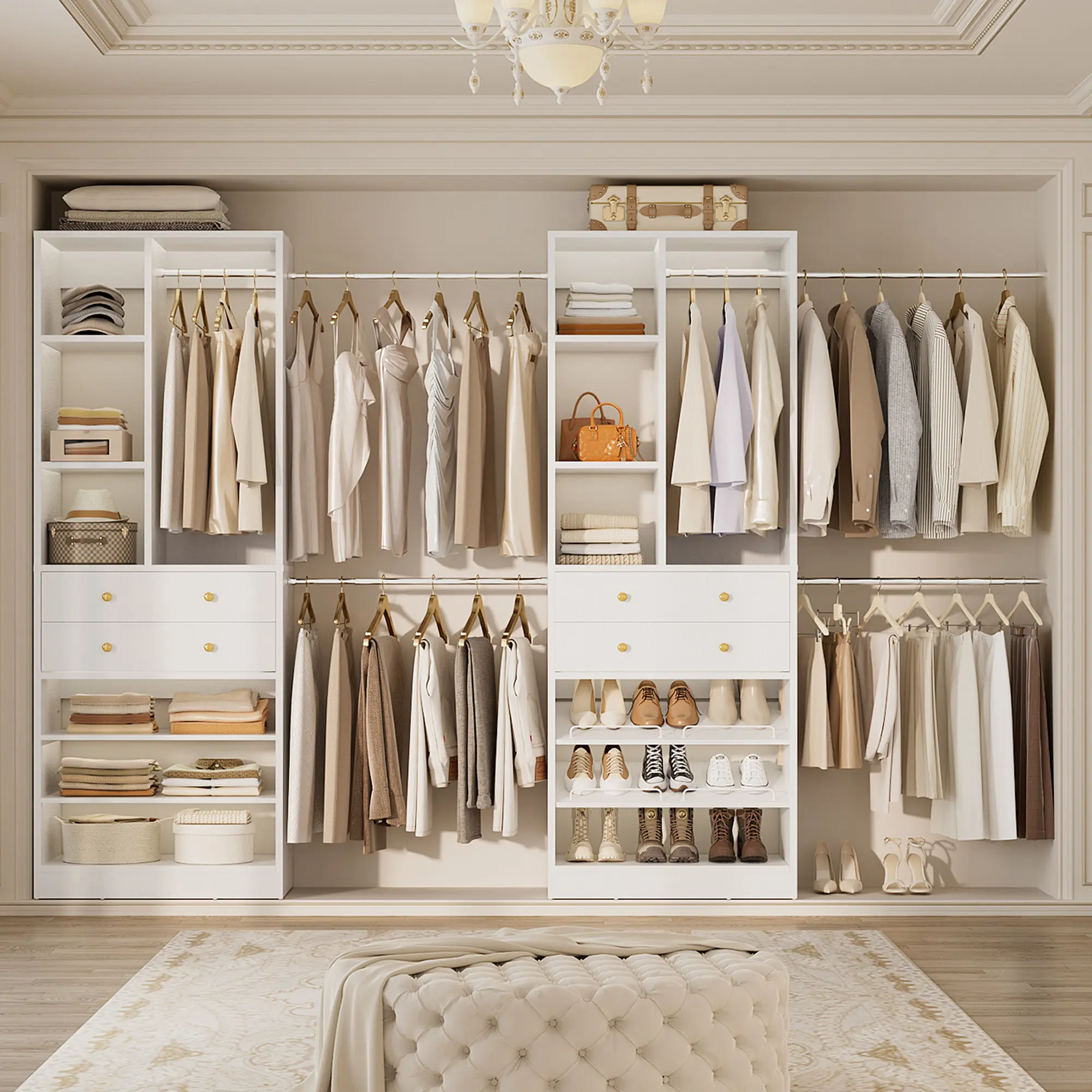 Set of 2 Closet System with 6 Hanging Rods and 4 Wooden Drawers, Sturdy Adjustable Closet System System Wardrobe with Storage Shelves and Shoe Racks
