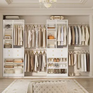 Set of 2 Closet System with 6 Hanging Rods and 4 Wooden Drawers, Sturdy Adjustable Closet System System Wardrobe with Storage Shelves and Shoe Racks