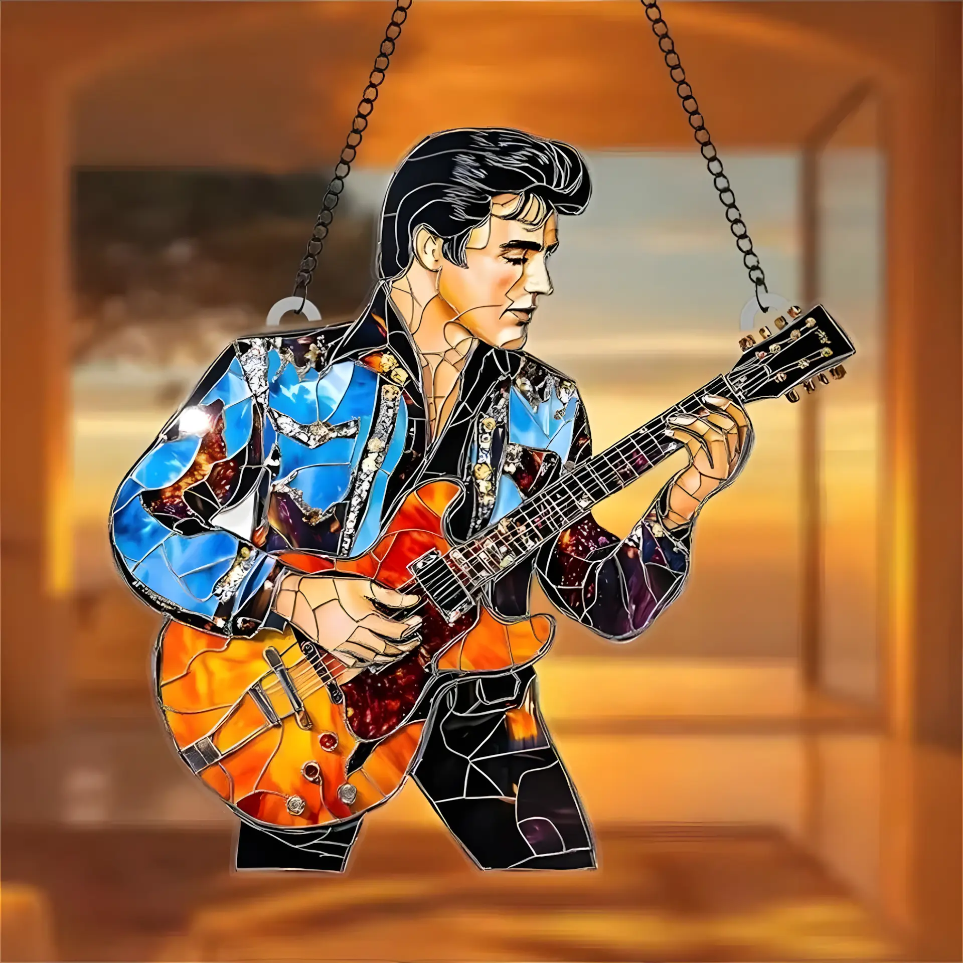 Elvis Presley Guitar Artwork Hanging Decor - Acrylic Ornament with Faux Stained Glass Print, Warm Vibrant Light Window Decoration, Minimalist Home Decor, Rock 'n' Roll Music Lover Gift, Glossy