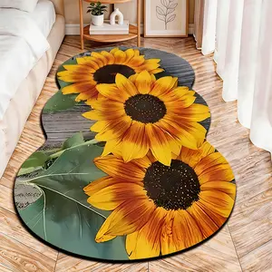 2D Flat velvet irregular rug with sunflower pattern on wood background, machine washable non-slip carpet for bedroom, all seasons & holiday decor, Floral Washable Rug, durable & easy to clean.