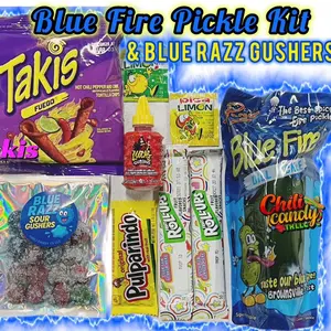Blue Fire Dill Pickle Kit with Blue Razz Gushers, Liquid Lucas, Pulparindo, Limon7, PicaLimon, Fruit Roll Ups & Takis or Hot Cheetos Snack Chili Candy Kit