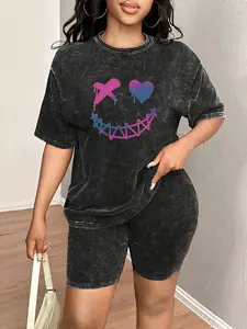 Spring & Summer Plus Size Sports Two-Piece Set Casual Gym Wear with Colorful Print, Tie-Dye Washed Vintage Short Sleeve T-Shirt and Shorts, Plus Size Women's Jogging Outfit