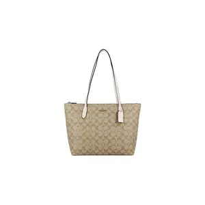 COACH Zip Top Tote 30 PVC Handbag for Women – Medium Size, White and Brown Monogram Style