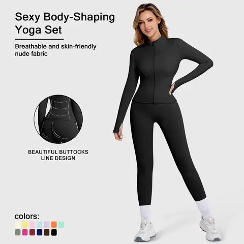 Women's 2-Piece Modest Sweat Set - Quick-Dry Zip-Up Long Sleeve Tops, High-Waisted Slim-Fit Above-Ankle Leggings for Women, Lightweight, Breathable, Patterned, Multi-Color, All-Season, Cold-Wash Friendly, for Yoga Run