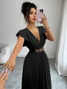 New V Neck Ruffle Sleeve Solid Color Metal Button Design Dress, Elegant Fashion for Young Women, Perfect for Parties and Cocktail Events