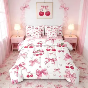 Feelyou 7-Piece Bowknot Comforter Set - Breathable Bedding Set with Bow Cherry Print, Fuchsia Bow-Tie Comforter, Fitted Sheets, Flat Sheet, Pillowcases, Multi-Size Princess Decor for Kids