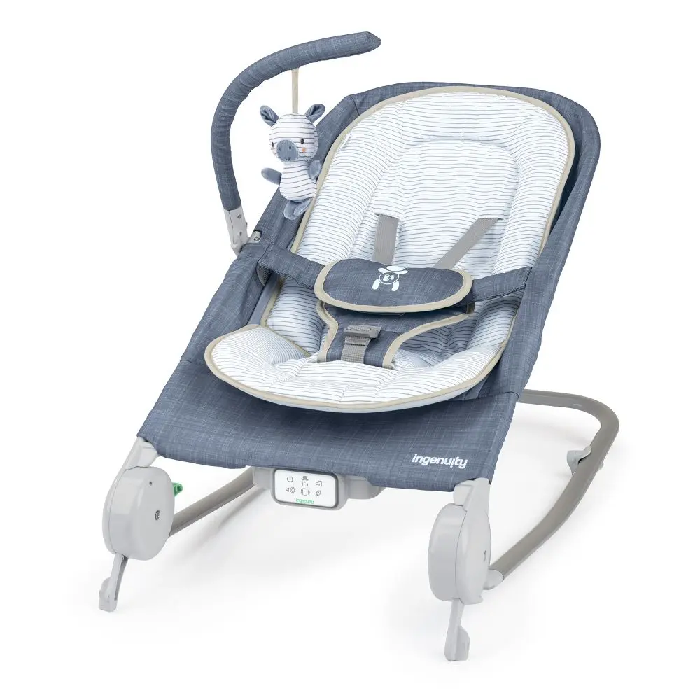 Ingenuity Happy Belly Bouncy Chair - Plush Infant Rocker Chair for Baby, Rock-to-Bounce Function, Massage Feature, Metal Frame, Chambray