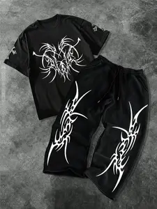 Men's Fashion Aesthetics Casual Two-Piece Set, Soft Comfort Gothic Thorn & Cross Pattern Print Round Neck T-Shirt and Drawstring Wide Leg Pants
