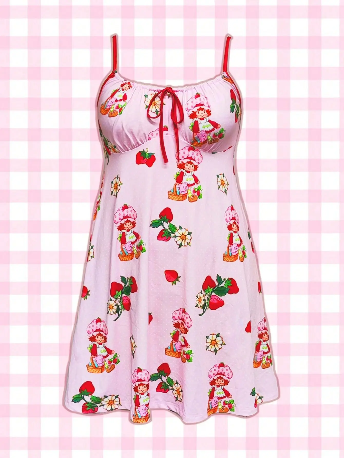 Strawberry Shortcake Women's Plus Size Sleeveless Spaghetti Strap Cami Nightdress - Cute Strawberry Print, Tie Front, Loose-Fitting Summer Loungewear, S-4XL Comfortable Sleepwear, Strawberry Print Nightdresses