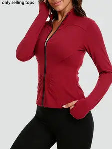 Women's Solid Color Zipper Pocket Sports Jacket Long Sleeved Stand Up Collar Top for All Year Round Outdoor Running Fashion Gym Sports Training Spring Autumn Winter Clothing Longsleeves Fitted Womenswear Athletic Jackets Outerwear summerwins