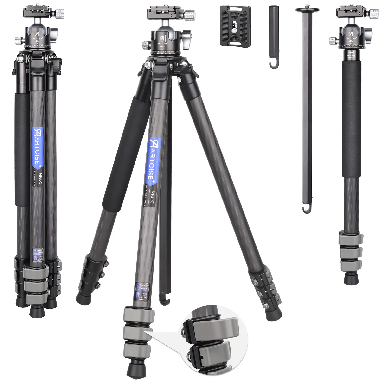 ARTCISE NF30C Compact Lightweight Carbon Fiber Tripod with Arca Panoramic 34mm Ball Low ProfileTripod Head Flip Lock Carbon Travel Camera Stand Detachable Monopod for DSLR Digital Camcorder Max Load 44.1lbs/20kg