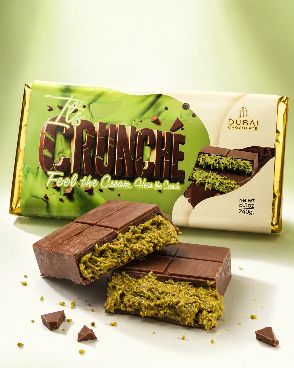 I'ts Crunché Dubai Chocolate Bar Large, Kunafa, Kadayif, Pistachio, Viral, 240.g, 8.5oz, Crunchy, Creamy, Rich Filling