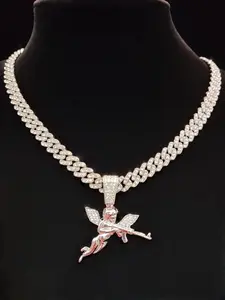 Fashion Creative Angel Shape Pendant Necklace with Miami Cuban Chain, Unisex Hip Hop Street Style Jewelry for All Seasons, Exquisite Jewelry Gift