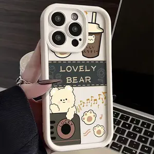 Cute Kawaii Bear iPhone Case for iPhone 17 Air 16 Pro 15 14 13, Aesthetic Coffee Cartoon Shockproof Protective Cover, Lovely Animal Phone Case