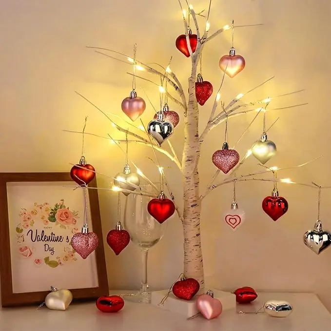 Valentines Day Decor  Lighted Birch Tree with Heart Ornaments – Valentine Tree Centerpiece, Romantic Home & Table Decorations, USB/Battery Powered LED Valentine Lights Gift