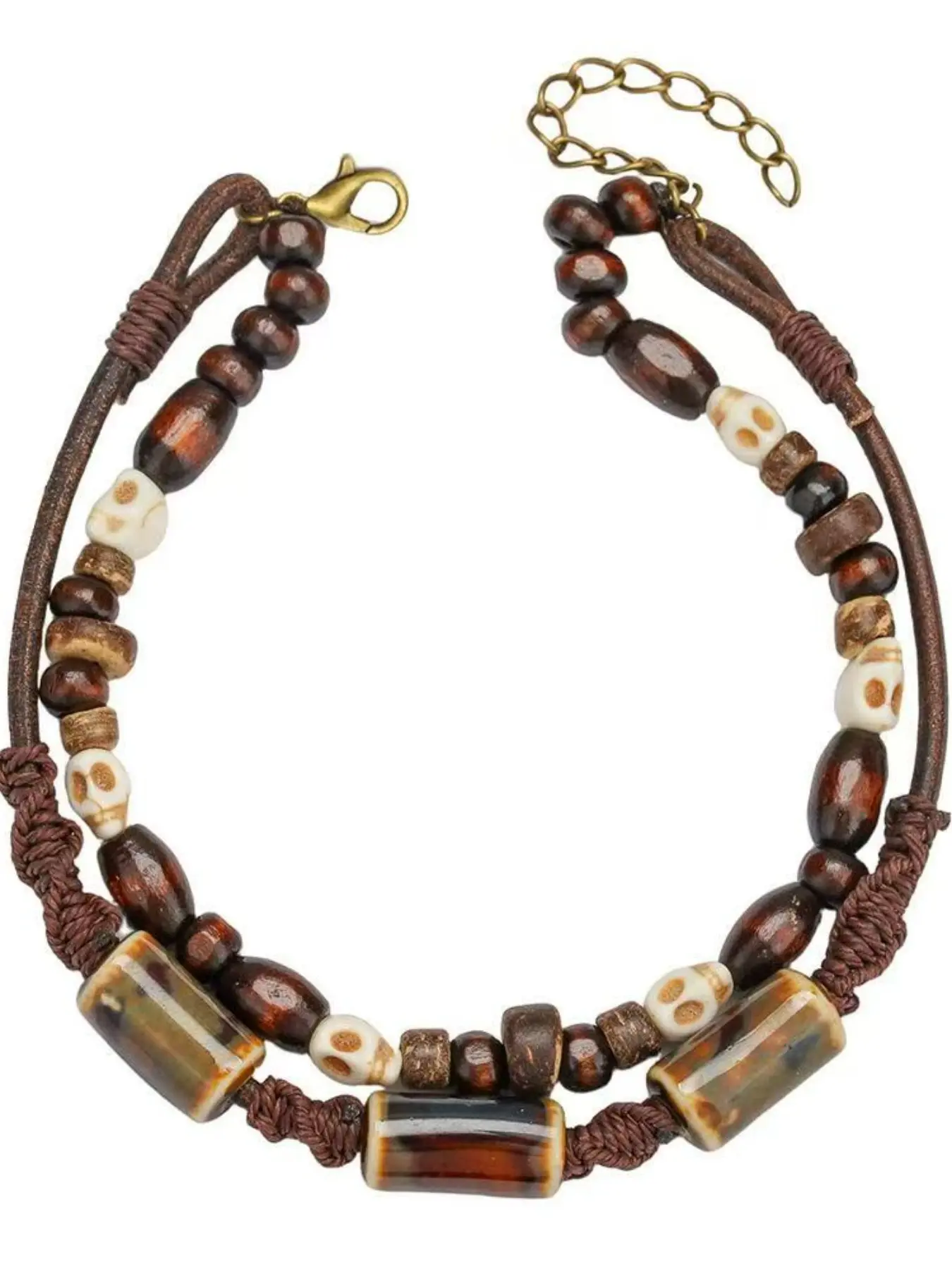 Vintage Double Layer Leather Skull Beaded Ankle Bracelet Anklets, Bohemian Style Boho Adjustable Men's Footwear Accessory Foot Jewelry, Elegant Gift Box Packaging