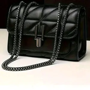 Elegant Black Quilted Crossbody Bag with Chain Strap and Silver Hardware for Women