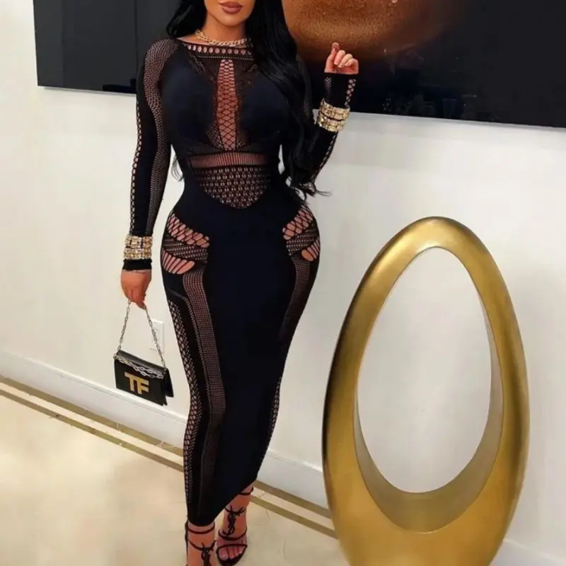 Hollow Out Women's Plain Boat Neck Bodycon Dress Street Fashion Long Sleeve Elegant Wear Black Crewneck Basic Midi Dress For Party Club Dating summerwins Streetwear