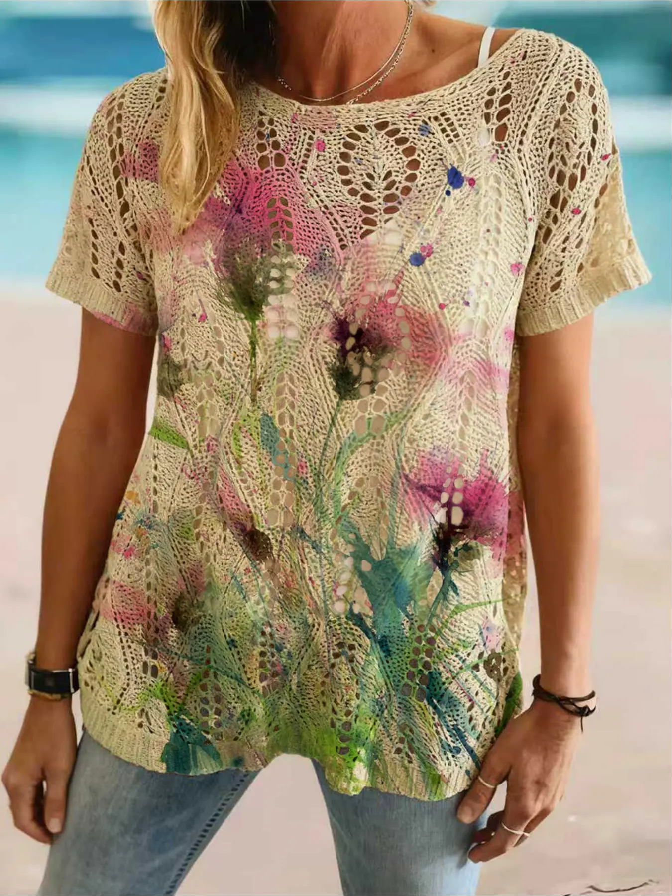 Spring and Summer Collection: One-shoulder diamond-shaped openwork batwing shoulderless loose-fitting short-sleeved casual and elegant office wear women's printed knitted top, beach style, casual and elegant, women's tank top, bikini top, Womenswear