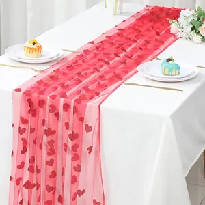 1pc, Table Runner, Red Golden Heart Mesh Table Runner, 75*180cm, Red Heart Table Flag, Bridal Shower Decor, Wedding Bridal Party Decoration, Dining Table Decor, Anniversary Party Supplies, Happy Birthday Party Decor
