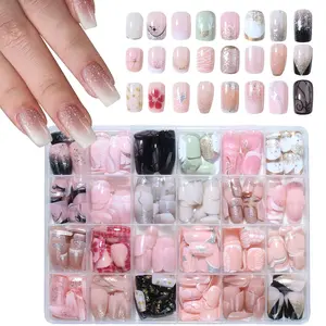 576pcs Short Square Glossy French Nail Art Stickers, Sparkle Gold Silver Dots Flowers Leopard Stars Hearts Gradient Irresistible Glitter Designs, Acrylic False Nails Set