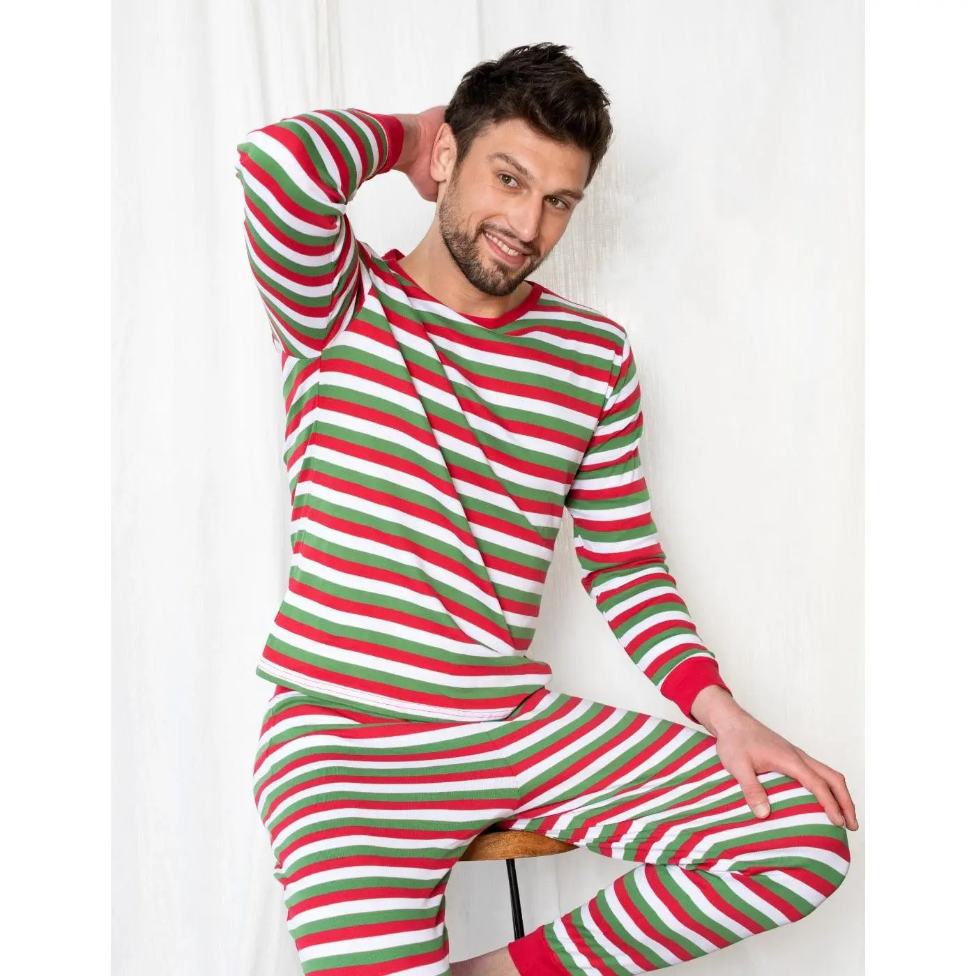Mens Red White & Green Stripes Two Piece Cotton Pajamas
