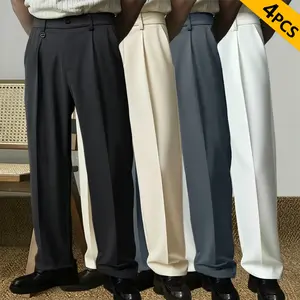 Pack of 4 – Men’s elegant solid-color casual trousers, straight-leg business dress pants for everyday commuting, non-stretch fabric, suitable for daily commutes and outdoor activities — versatile wear for all seasons