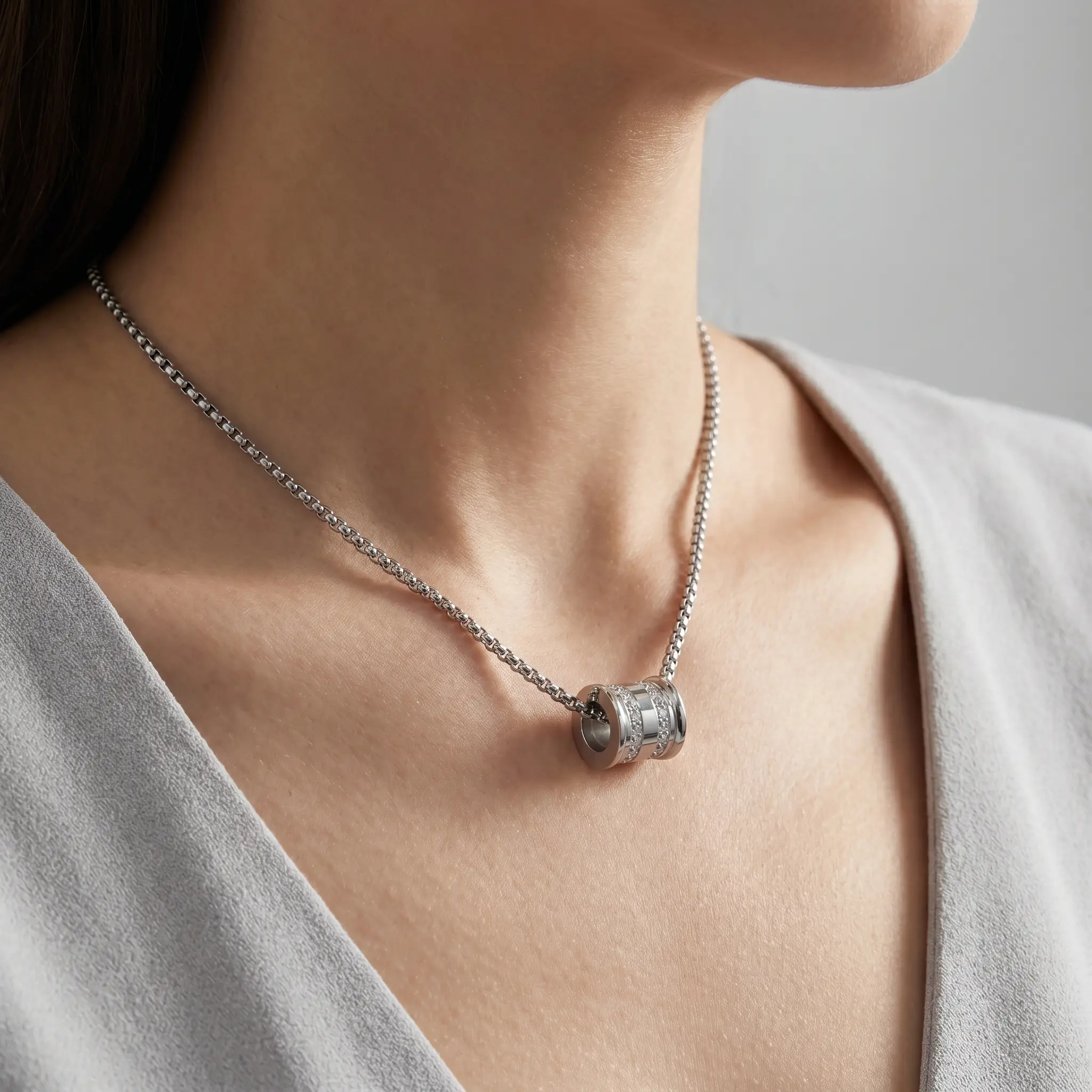 Sleek Interlocking Square Design Silver Barrel Pendant Necklace for Women, Titanium Steel 23.5" Box Chain with Pave CZ, Minimalist Everyday Layering Jewelry Gift