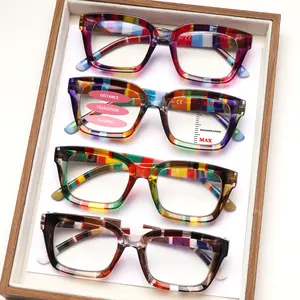 4-Piece Set Of Vibrant Striped Progressive Multifocal Blue Light Blocking Reading Glasses Rectangular Frames, Durable Lenses, Spring Hinges Timeless Design, Perfect For Everyday Wear