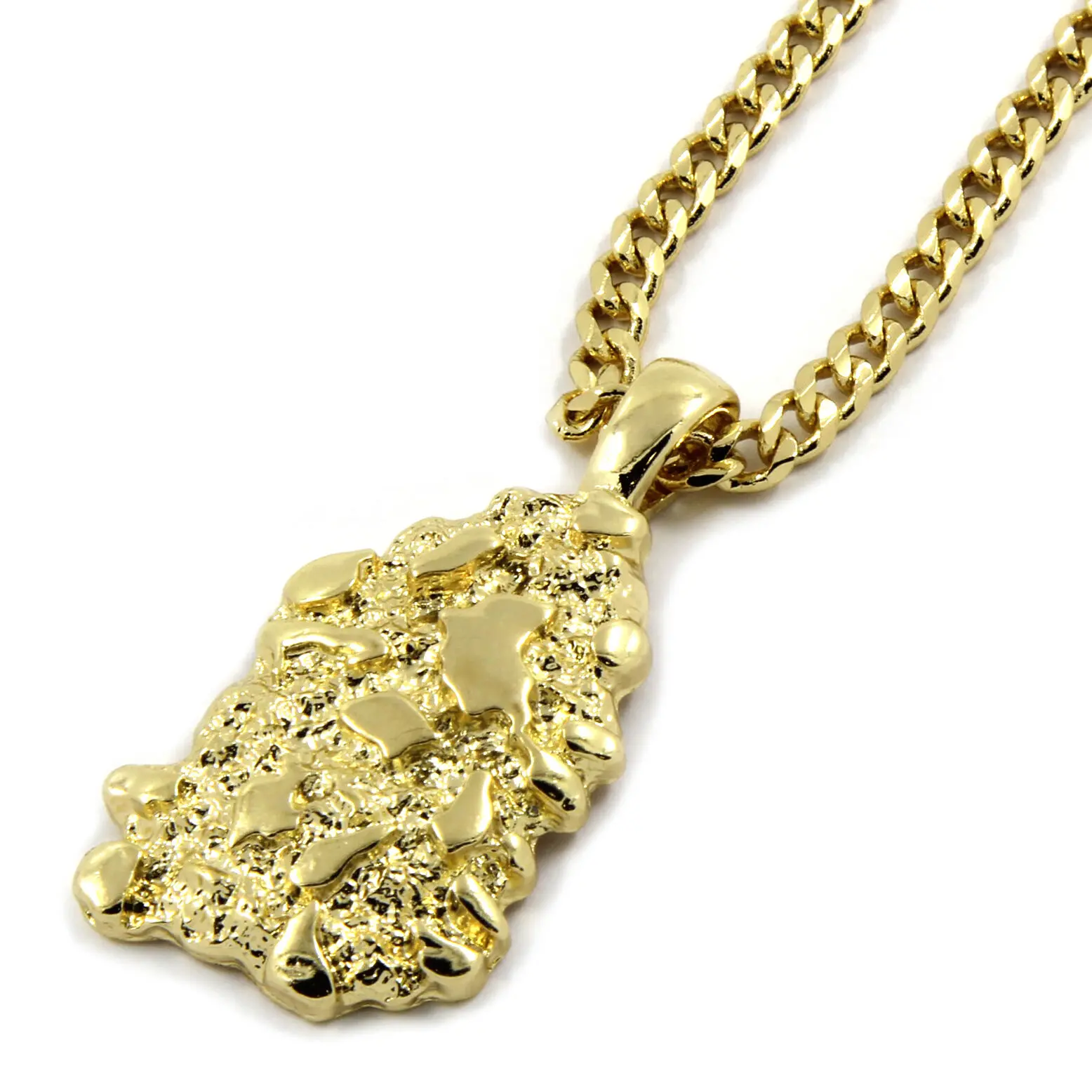 MaxBling81 Unisex 14K Gold Plated Nugget Pendant & 4mm Gold Statement Chain, Available in 18in, 20in, 24in, 30in, Luxury Costume Jewelry Gift for Birthday, Anniversary