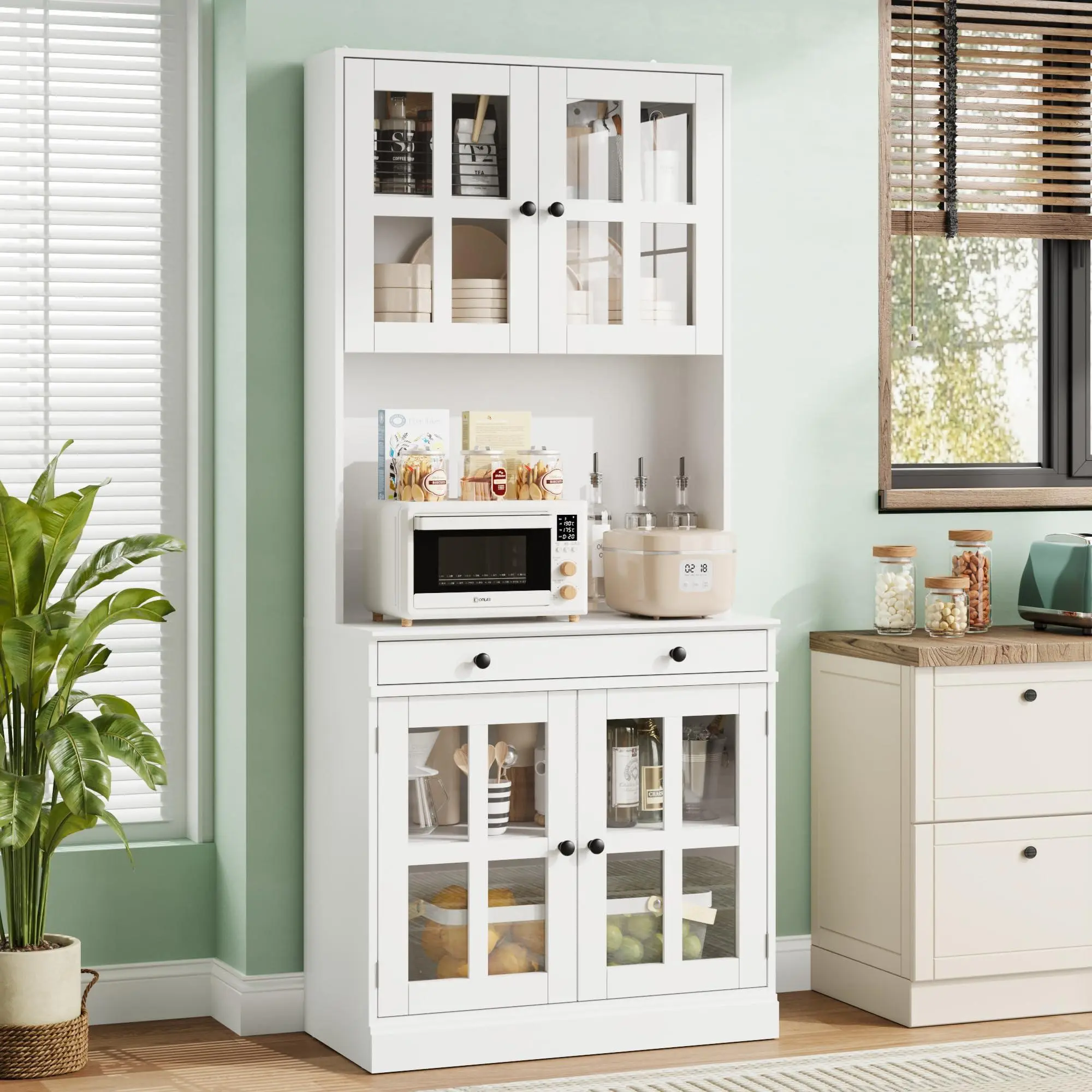 Garvee 72 Inch Kitchen Pantry Cabinet with Glass Doors, Drawer and Adjustable Shelves, Farmhouse Tall Storage Cabinet with Open Countertop, Coffee Bar Cabinet for Coffee Corner, White