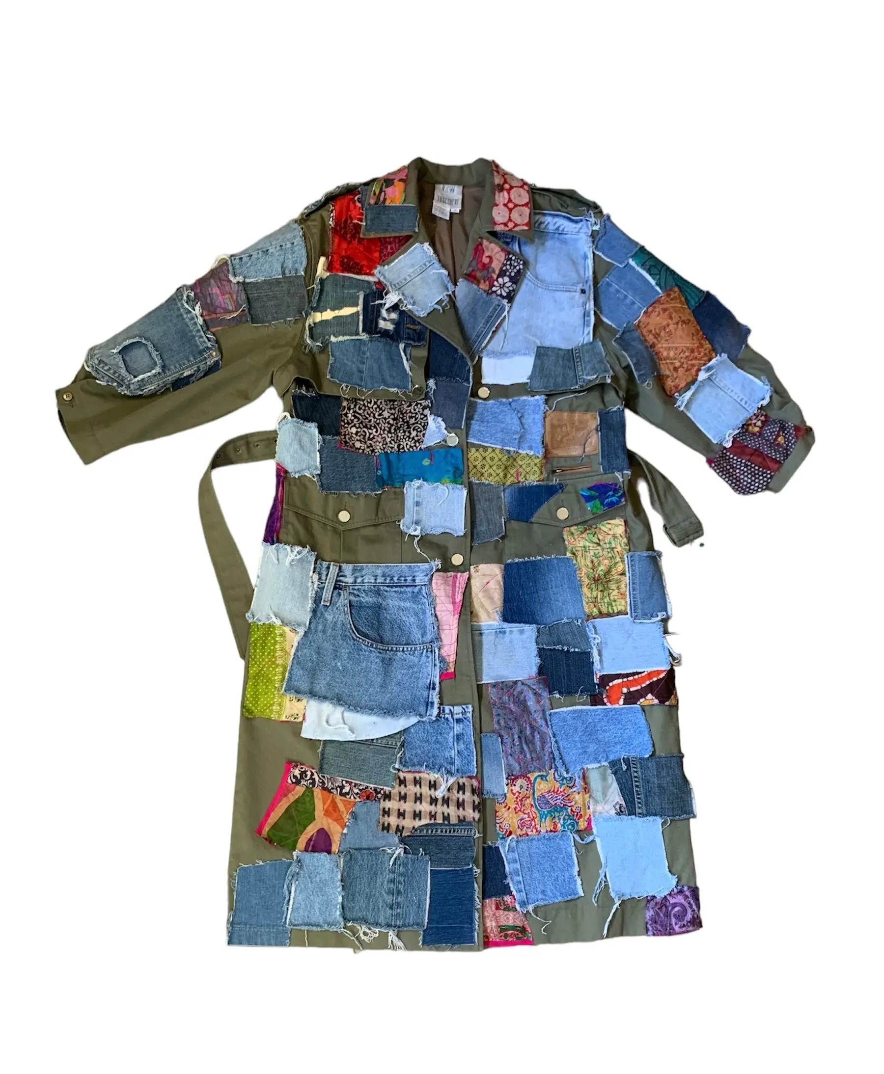 Women's True-to-Size Recycled Fabric Handmade Quilted Patchwork Mix Denim Trench Coat - Unisex Large, Collared Neck, Button Closure, Casual Daily Wear Jackets