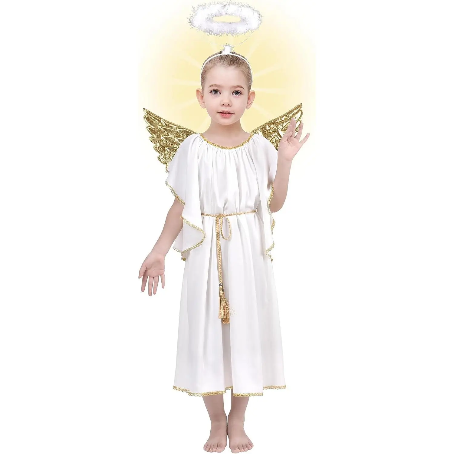 SUNNY FASHION Girls' Angel Costume Set, Tea Length Dress with Golden Lace, 4-Piece Princess Theme Cosplay Gear with Angel Wings & Halo for Ages 7-8, Costume Ideas, 7 - 8 Years, 29.5 Inches, Polyester, Cosplay Events, All Seasons, Dress Up Costume, Party C