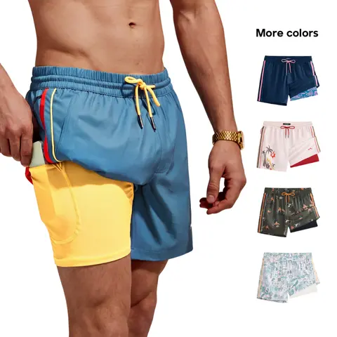 Maamgic Men's 5.5-in RetroWave Striped 2-in-1 Athleisure Swim Trunks - Anti-Chafe Compression Liner, Zipper Secure Hold Pockets, Velcro Pockets, Quick-Dry, Athletic Fit Beachwear, Athleisure Shorts, Mensfashion Shorts, Retrowave Style