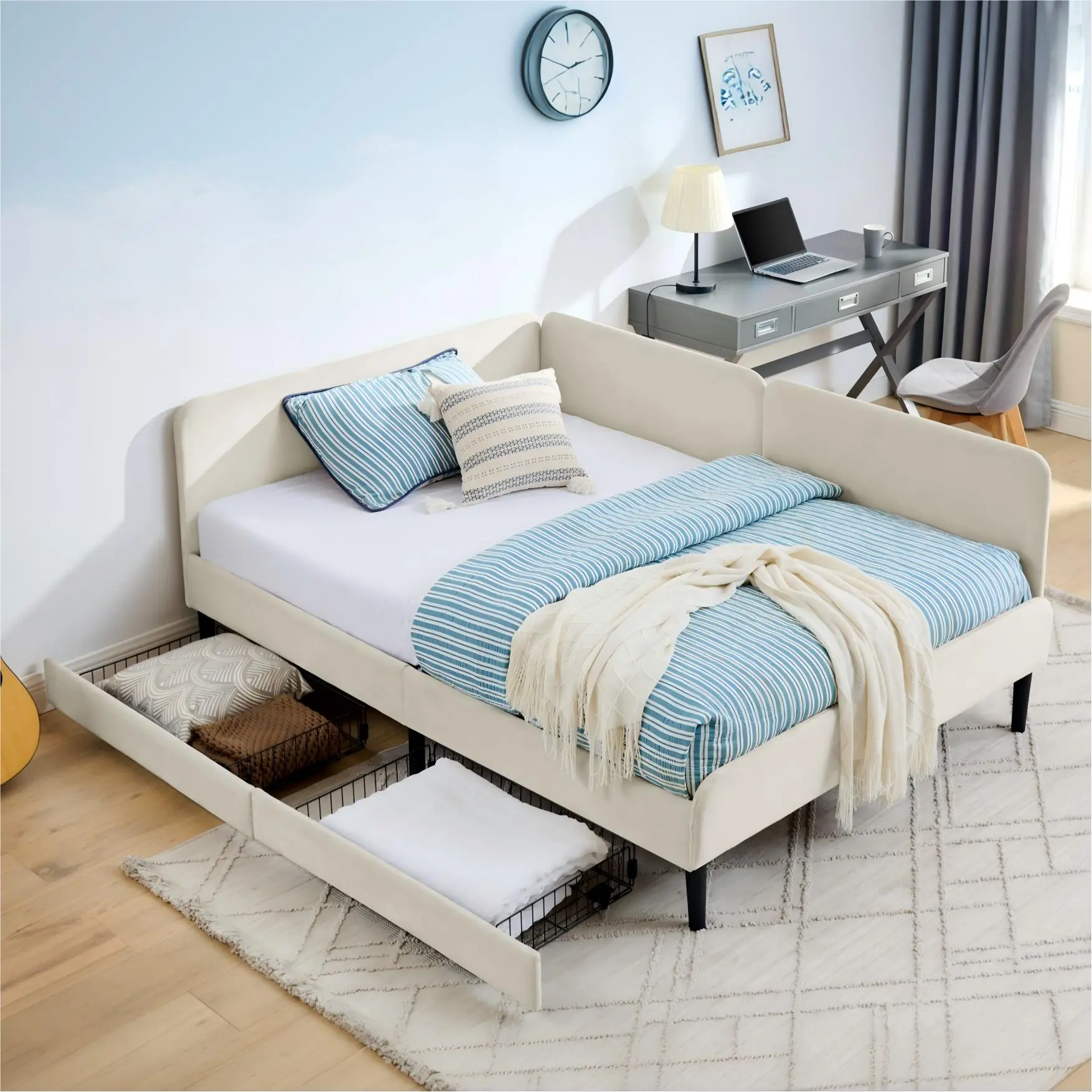 Eyisean Contemporary Durable L-Shape Velvet Corner Storage Bed Frame - Full/Twin Size, 2-In-1 Sturdy Sofa Bed, 2 Storage Drawers, Removable Headboard, Reinforced Frame, 300 lbs Capacity, Assembly Required, Space-Saving for Living Room Small Spaces