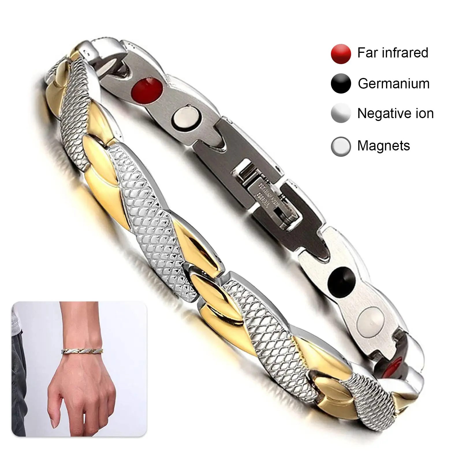 Women's Geometric Twist Magnetic Bracelet, 316L Stainless Steel Germanium Adjustable Size Minimalist Artificial Gemstone Bangle