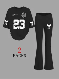 Women's Casual Round Neck T-Shirt Flared Pants Set, Comfortable Letter Print Bow Design, Youthful Campus Style, Fashion Outdoor Summer, Womenswear