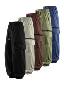 CCCMAI Men's Loose Fit Mid-Waist Athletic Cargo Pants, Durable Polyester, Breathable, Soft, Drawstring, Multiple Pockets, Zipper, Machine Washable, Casual Plain Trousers, All Seasons, Ideal for Hiking & Outdoor Activities