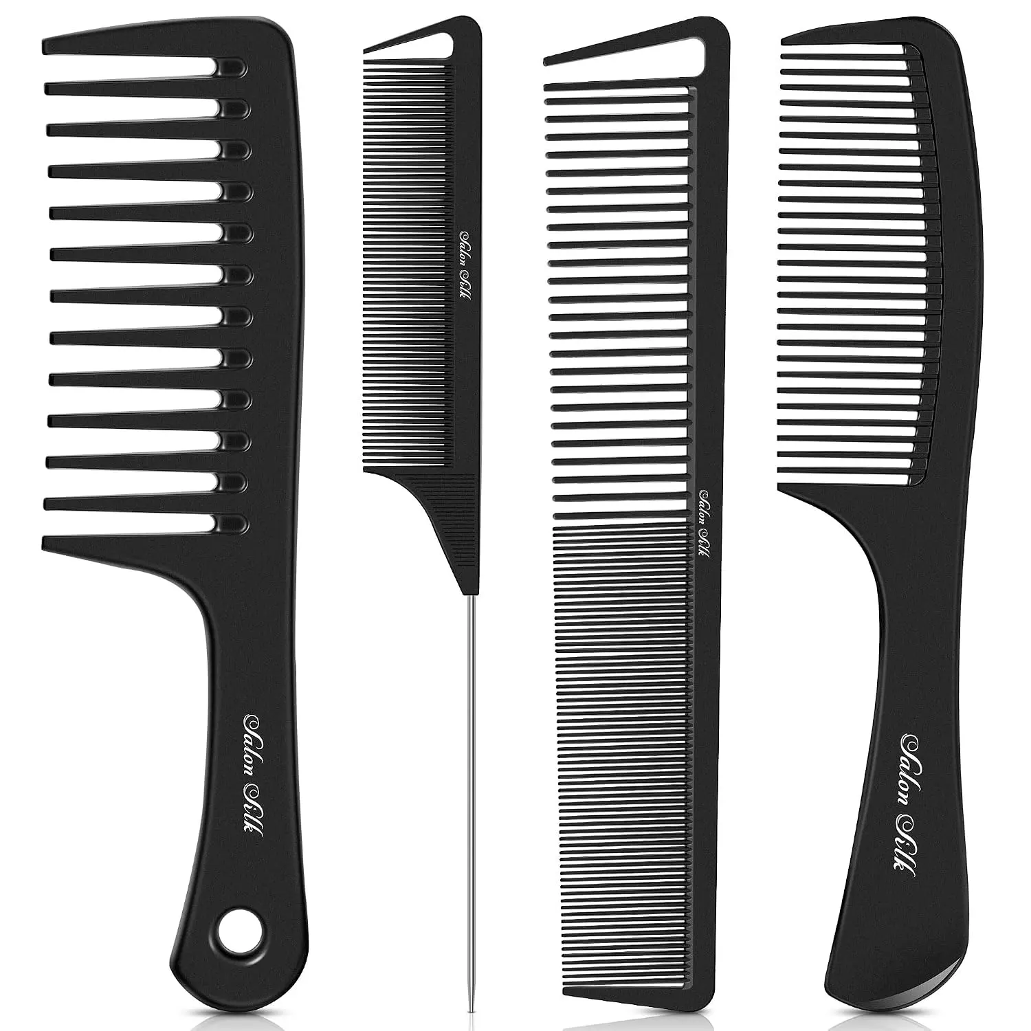 4PCS Professional Comb Set, Wide Tooth Rat Tail Fine Tooth Hair Combs, Braiding Cutting Barber Styling Curly Parting Set for Men and Women