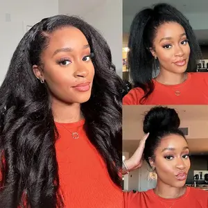 Binf Kinky Straight Half Wig Human Hair 3 In 1 Seamless Flip Over Half Wigs for Black Women Ready to Go Headband Wig 180% Density Drawstring Kinky Curly Half Wig Glueless Natural Black