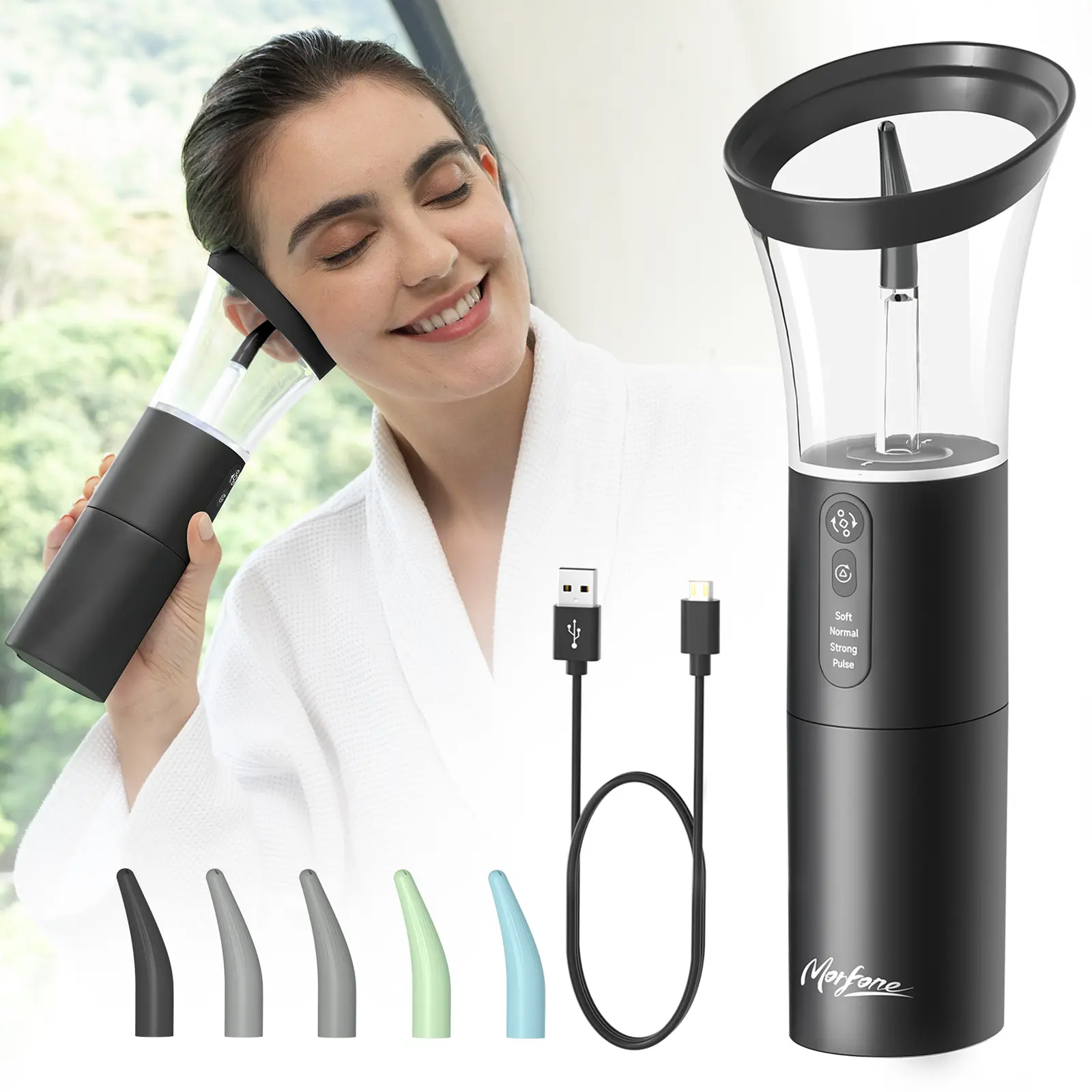 Morfone Ear Wax Removal Kit, Gentle Electric Ear Cleaner with 4 Pressure Settings and Multiple Reusable Nozzles, IP67 Waterproof for Safe Family Use, Ear Wax Remover