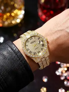 Men's Luxury Full Diamond Moissanite Quartz Watch, Calendar Display, Perfect for Commuting, Parties, Gifts, Includes Gift Box