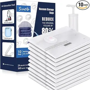 Vacuum Storage Bags Medium - 10 Pack for Clothes Comforters Blankets Pillow - Space Saver Bags with Hand Pump,Valve, Zip Sealed - Vacuum Seal Bags for Clothing Bedding (Medium 28 '' x 20'‘)