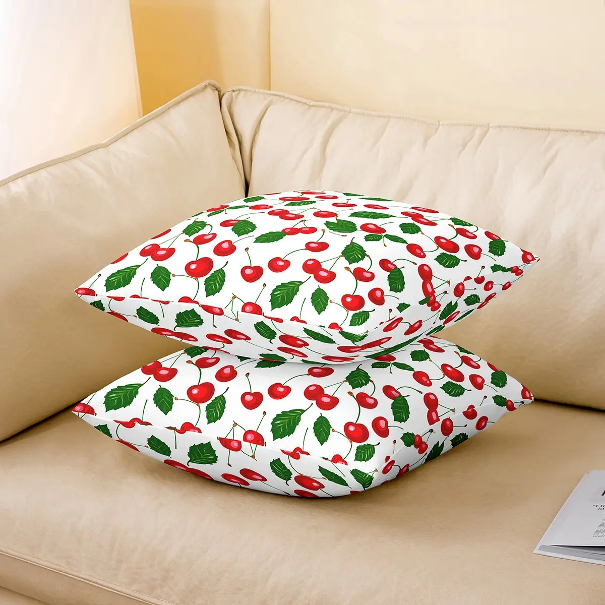 Feelyou Cherry Design Machine-Made Washable Zip Throw Pillow Covers, Set of 2 Decorative Cushion Covers for Couch, Sofa, Green Garden Red White Pillow Cases, Machine-Made Cushion Covers