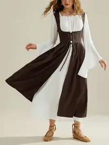 Women's Medieval Retro Court Milkmaid Dress Set-Patchwork Elegant Belted Waist Maxi Dress & Long Flared, Sleeves for Festive Parties & Daily Wear