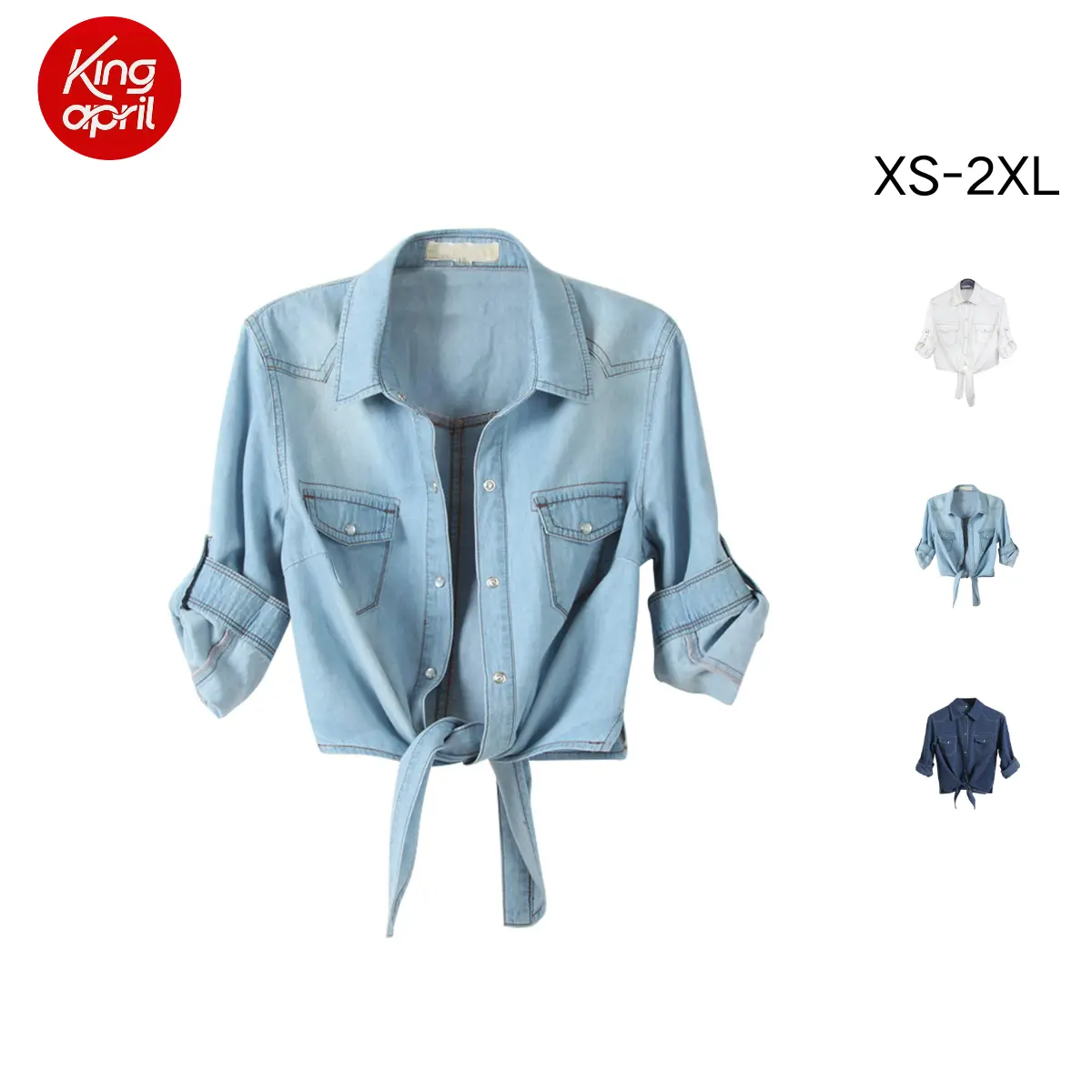 Kingapril Women's 3/4 Sleeve Modern Denim Crop Top Tie Knot Shirt Chambray Cardigan,back to school,back to school shopping