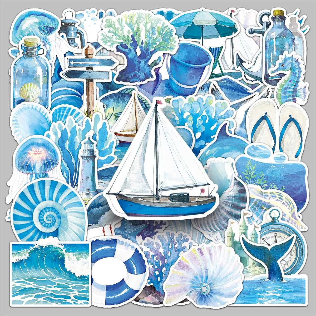 Ocean Themed Sticker, 50pcs/set DIY Decorative Sticker, Stickers For Scrapbooking, DIY Art Stickers, Scrapbooking & Journal Making Material Paper, DIY Decorative Sticker for Stationery Computer Water Bottle, Graphic Decal