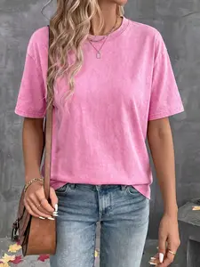 Distressed Washed Pure Cotton T-Shirt for Women, European & American Style, Casual Loose Fit, Short Sleeve, Versatile Top for Daily Wear and Commuting