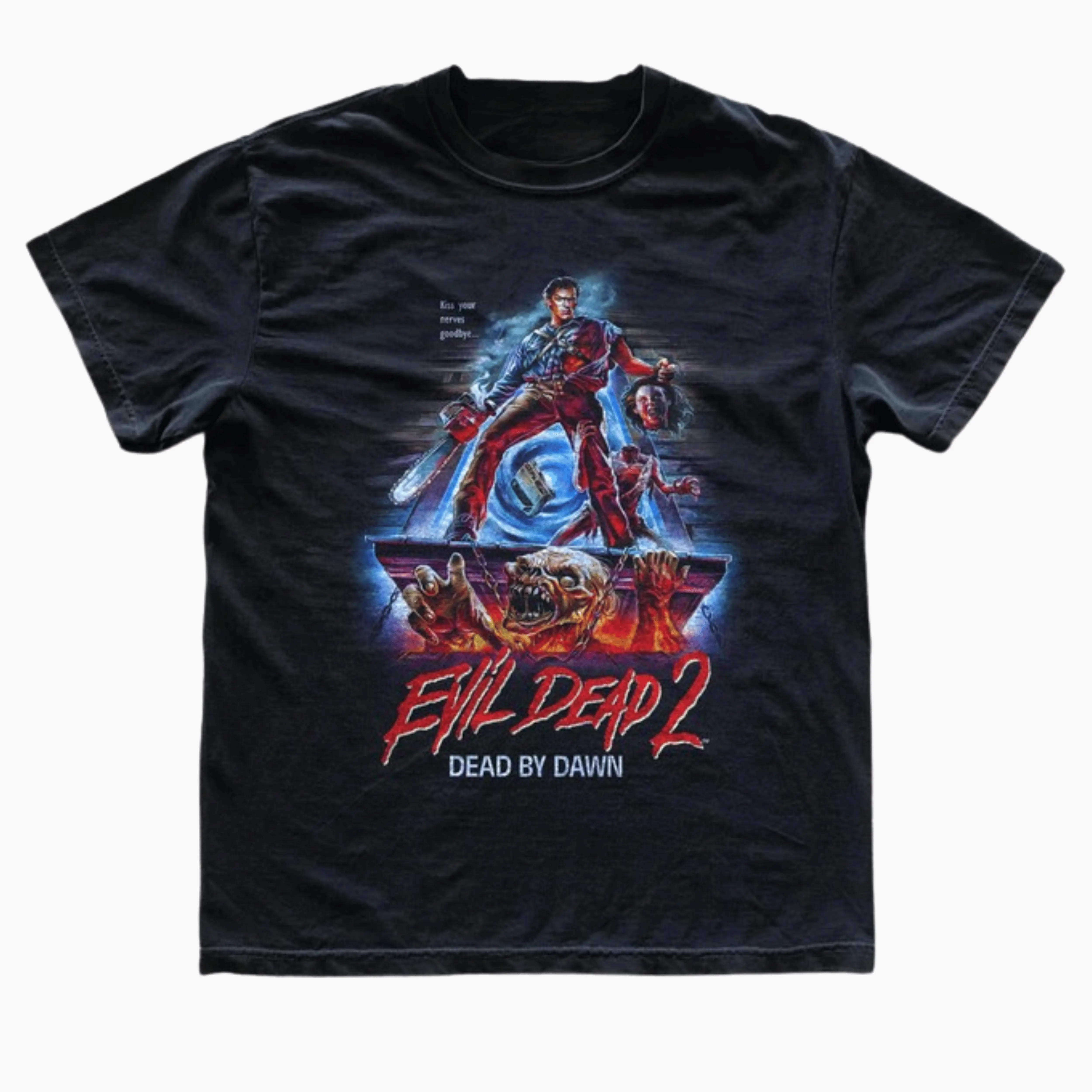 Gildan Men's and Women's T-Shirt, Vintage Evil Dead 2 Graphic Tee, Bruce Campbell Ash Williams Shirt, Sam Raimi Horror Top, Dead By Dawn Chainsaw Graphic, Retro 80s Cult Slasher Movie Merch, Bootleg Horror Apparel, Gift for Horror Fans, Unisex Streetwear