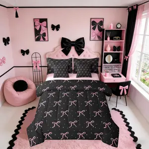 Girls Pink Bow Comforter Set,Black Pink Coquette Bedding Set with Sheets 7 Pieces for Teen Girls Kids Women Bedroom Cute Girly Bows Bed in A Bag Preppy Ribbon Bowknot Bed Sets